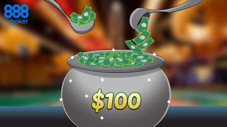 cauldron with $100 printed on the side and two spoons on each side ladling $50 each into the cauldron