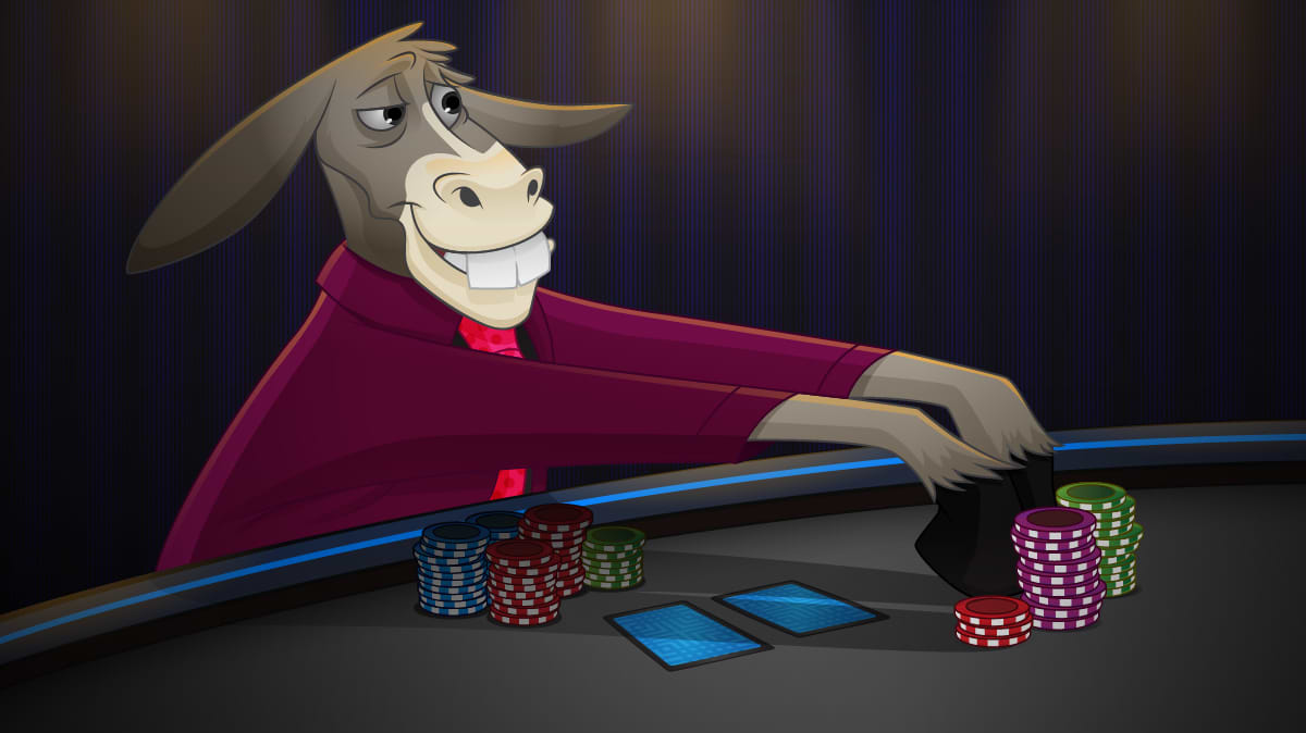 anthropomorphic donkey at poker table leading out with chips in hoof. <<<