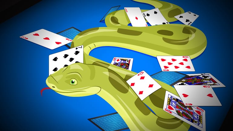 snake sliding through several playing cards